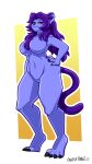  2022 anthro blue_body blue_fur breasts fanterfane featureless_breasts featureless_crotch felid female fur hair hand_on_hip hi_res looking_at_viewer mammal purple_hair simple_background solo 