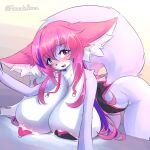  anthro big_breasts blue_eyes blush bodily_fluids breasts butt canid canine female fox hair heterochromia hi_res huge_breasts lactating mammal mazz_(mazzlerazz) mazzlerazz milk multicolored_hair pink_hair purple_body purple_hair red_eyes signature solo thick_thighs 