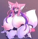  anthro areola big_breasts blue_eyes blush breasts canid canine female fox hair heterochromia hi_res huge_breasts huge_thighs hyper hyper_breasts inverted_nipples mammal mazz_(mazzlerazz) mazzlerazz multicolored_hair nipples pink_hair purple_hair red_eyes signature sitting solo thick_thighs 