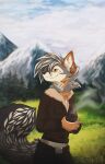  2022 anthro breasts canid canine canis clothed clothing day detailed_background digital_media_(artwork) female fhyra fur gras grey_body grey_fur grey_hair hair hi_res jackal magenta7 mammal outside sky smile solo standing 