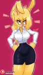  2022 absurd_res annoyed anthro big_breasts black_bottomwear black_clothing black_skirt blonde_hair bottomwear breasts clothing exclamation_point eyewear female fur glasses hair hands_on_hips hi_res jamoart katie_(jamoart) lagomorph leporid looking_at_viewer mammal office_lady open_mouth rabbit red_background secretary simple_background skirt solo standing thick_thighs topwear white_clothing white_topwear yellow_body yellow_fur 