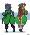  &lt;3 2018 absurd_res armor big_breasts big_butt blush braided_hair breasts butt camel_toe crossed_arms digital_media_(artwork) duo embarrassed female goblin green_body hair hand_on_butt hi_res huge_breasts huge_butt humanoid humanoid_pointy_ears looking_aside looking_at_viewer looking_back looking_back_at_viewer mask mehdrawings not_furry nyxie_(desertxf0x) pauldron purple_hair red_hair short_stack simple_background skull_mask smile standing tilly_(desertxf0x) unconvincing_armor wide_hips 