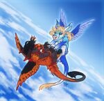  2018 anthro artist_logo black_body black_feathers black_hair black_nose black_wings blonde_hair blue_body blue_eyes blue_feathers blue_fur blue_wings chibi cloud dated duo ears_back eye_contact eyelashes feathered_wings feathers featureless_crotch female fur glistening glistening_eyes grey_sclera hair hi_res logo looking_at_another mouth_closed orange_body orange_feathers orange_fur orange_wings outside pink_nose pivoted_ears red_eyes riorix species_request tail_tuft tuft white_body white_fur wings 