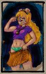  anthro bear blonde_hair bottomwear braces candybastard clothing colored_edge_panties crop_top female flexing green_clothing green_panties green_underwear hair ishi krista_blonde locket looking_at_viewer mammal midriff navel panties shirt skirt solo toothy_smile topwear underwear undressing 