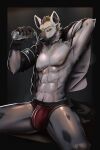  5_fingers abs anthro arknights bodily_fluids briefs clothing collar digital_drawing_(artwork) digital_media_(artwork) ear_piercing eyebrow_piercing facial_piercing fingers fur grey_body grey_fur hair handwear hi_res hyena hypergryph male mammal multicolored_hair nipple_piercing nipples piercing solo spot_(arknights) spotted_hyena studio_montagne sweat two_tone_hair underwear zenfry 