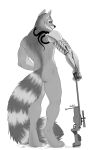 2022 absurd_res anthro canid canine canis digital_media_(artwork) domestic_dog eyebrows eyelashes gun hi_res male mammal monochrome nude ranged_weapon simple_background smile solo standing taurusart weapon white_background 