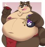  2022 alcohol anthro asian_clothing belly beverage big_belly blush brown_body bulge canid canine clothing east_asian_clothing fundoshi hi_res japanese_clothing kemono kusosensei male mammal moobs navel nipples overweight overweight_male raccoon_dog red_clothing red_fundoshi red_underwear sake sake_dish shoutaro solo tanuki underwear 