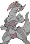  2022 anthro black_body black_scales black_sclera blade blush blush_lines bodily_fluids bra breasts claws clothing digitigrade dipstick_tail dragon female flustered generation_5_pokemon grey_body grey_scales haxorus hi_res lingerie looking_at_viewer markings nintendo oposa panties pink_bra pink_clothing pink_panties pink_underwear pokemon pokemon_(species) red_eyes scales shiny_pokemon simple_background solo standing sweat sweatdrop tail_markings underwear white_background 
