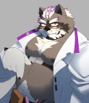  2022 anthro belly big_belly blush eyewear glasses hi_res kemono lifewonders live_a_hero male mammal moobs my_wet_muffin nipples overweight overweight_male procyonid raccoon simple_background solo viscunam 