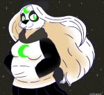  anthro bear black_body black_fur black_nose blue_line_art bottomwear clothed clothing female fur fur_markings giant_panda green_eyes hair hoodie looking_at_viewer lunarpanda8686 mammal markings mika_(lunarpanda8686) round_ears simple_background skirt slightly_chubby smile solo star topwear white_body white_fur white_hair 