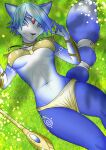  2021 5_fingers absurd_res anthro blue_body blue_ears blue_fur blue_hair blue_tail bottomwear breasts canid canine clothed clothing female fingers fox fur grass hair hi_res krystal krystal&#039;s_staff loincloth lying mammal midriff nintendo on_back on_grass plant skimpy solo star_fox zankasen 