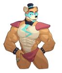  abs anthro bear blue_body blue_claws blue_eyes bow_tie bracelet bulge claws clothed clothing eyebrows five_nights_at_freddy&#039;s five_nights_at_freddy&#039;s:_security_breach glamrock_freddy_(fnaf) hat headgear headwear hi_res jewelry jrjresq male mammal muscular muscular_anthro muscular_male navel open_mouth pecs red_clothing red_underwear scottgames shirtless shoulder_guards simple_background smile solo tan_body teeth thumb_in_waistband tongue top_hat topless underwear underwear_only white_background yellow_body 