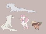  3_tails ambiguous_gender brown_background brown_body brown_fur cervine deer feral fish fur group hi_res horn labbit1337 mammal marine multi_tail pink_body pink_fur shark simple_background unicorn_horn unknown_species white_body white_fur 