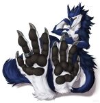  2022 4_toes anthro black_pawpads cellphone claws crossed_legs digital_media_(artwork) feet foot_focus fur hi_res looking_down male multicolored_body multicolored_fur pawpads paws phone sergal simple_background smartphone solo takesu toe_claws toes watermark white_background 