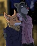  alternate_universe anthro bagheera_(jungle_book) belt belt_buckle black_body black_eyebrows black_eyes black_fur black_nose bottomwear canid canine canis clothed clothing coat date disney dress_shirt duo ear_piercing ear_ring eyebrows felid freckles fully_clothed fur golden_jackal hand_on_arm happy holding_arm interspecies jackal jacket jewelry leenden long_ears male male/male mammal multicolored_body multicolored_fur narrowed_eyes necktie night orange_body orange_fur outside pantherine pants piercing pink_nose pockets pupils ring_piercing romantic romantic_ambiance romantic_couple shirt size_difference sky smile standing tabaqui talespin the_jungle_book thick_eyebrows topwear touching_arm walking whiskers white_body white_fur white_pupils 