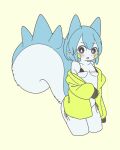  anthro bikini black_bikini black_clothing black_swimwear blue_body blue_ears blue_fur blue_hair blue_tail blush breasts clothing dark_eyes digital_media_(artwork) embarrassed female fluffy fluffy_tail front_view fur generation_4_pokemon hair hi_res long_tail looking_at_viewer mammal micro_bikini mikeyama nintendo open_mouth pachirisu pokemon pokemon_(species) rodent sciurid short_hair simple_background solo squirrel_tail swimwear white_body white_fur yellow_cheeks yellow_clothing 