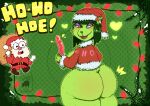  absurd_res afro_chan332 anthro beard big_butt breasts butt christmas clothing dildo dr._seuss english_text facial_hair female green_body grinch hat headgear headwear hi_res holidays how_the_grinch_stole_christmas! humanoid lips looking_back male santa_claus sex_toy shocked smile solo text thick_bottom_lip 