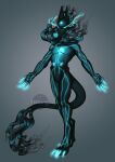  2018 anthro black_body blue_body blue_claws blue_eyes blue_markings blue_nose claws dated empty_eyes featureless_crotch full-length_portrait glowing glowing_claws glowing_nostrils hi_res male markings narrowed_eyes nude portrait riorix signature simple_background solo standing toe_claws 