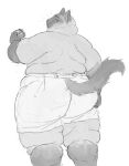  2022 anthro back_rolls black_and_white bottomwear butt cettus clothed clothing domestic_cat double_chin eating fat_rolls felid feline felis food hi_res holding_food holding_object looking_back male mammal monochrome obese obese_anthro obese_male overweight overweight_anthro overweight_male pants pastry rear_view shorts siamese simple_background solo standing topless white_background 