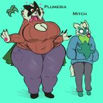  2022 3_fingers anthro belly big_breasts blue_clothing blue_hoodie blue_topwear blush bottomwear breasts character_name claws cleavage_cutout clothed clothed_female clothed_male clothing duo english_text felid feline female fingers floragato fur generation_9_pokemon green_body green_fur hoodie larger_female light_body light_fur male male/female mammal meowscarada mitch_(plantedpot) navel nintendo overweight overweight_anthro overweight_female pants plantedpot plumeria_(plantedpot) pokemon pokemon_(species) size_difference smaller_male sweater text topwear 
