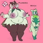  2022 3_fingers anthro areola belly big_areola big_breasts blush breasts character_name claws duo embarrassed_nude_male english_text erection felid feline female fingers floragato fur generation_9_pokemon genitals green_body green_fur inverted_nipples larger_female light_body light_fur male male/female mammal meowscarada mitch_(plantedpot) navel nintendo nipples nude nude_female nude_male overweight overweight_anthro overweight_female penis pink_nipples plantedpot plumeria_(plantedpot) pokemon pokemon_(species) size_difference smaller_male text 