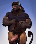  2022 anthro balls belly biceps blue_background body_hair bottomless bovid bovine cattle clothed clothing clothing_lift elbow_tuft erection facial_piercing genitals hairy hand_on_stomach happy_trail hi_res horn looking_at_viewer male mammal musclegut muscular nose_piercing nose_ring pecs penis piercing pubes raising_shirt ring_piercing roamingthrough shirt shirt_lift simple_background smile solo standing thick_thighs topwear triceps yellow_eyes 