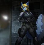  2022 anthro armor blonde_hair blue_body blue_fur bodysuit breasts canid clothed clothing cosplay female fluffy fluffy_tail fully_clothed fur gun hair handgun hi_res inner_ear_fluff knee_pads lens_flare mammal metal_gear_solid_2 pgm300 pistol raiden_(metal_gear) ranged_weapon short_hair shoulder_pads silencer skinsuit solo straps tight_clothing trigger_discipline tuft weapon yellow_eyes 