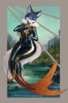  absurd_res big_breasts breasts canid canine canis clothed clothing female fur hair hi_res latex latex_clothing looking_at_viewer mammal marine merfolk rubber rubber_clothing rubber_suit shanher solo species_transformation split_form tight_clothing transformation water wide_hips wolf 