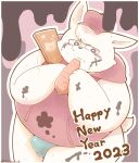  2023 anthro belly big_belly blush carrot chinese_new_year chinese_zodiac clothing eating food hat headgear headwear hi_res holidays hoodie kemono lagomorph leporid male mammal nakidori218 new_year overweight overweight_male plant rabbit solo topwear vegetable year_of_the_rabbit 