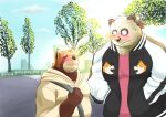  2023 ailurid anthro bear black_nose brown_body clothing detailed_background duo giant_panda hoodie kemono male mammal o_hashi2020 outside overweight overweight_male plant red_panda shirt topwear tree white_body 