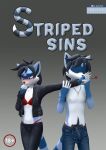  3d_(artwork) anthro armpit_hair biting_hand black_hair blue_body blue_fur blush body_hair bottomwear bra breasts brother brother_and_sister bulge clothed clothing comic conflicted cover cover_art cover_page denim denim_clothing digital_media_(artwork) duo embarrassed felix_(striped_sins) female fur fur_markings hair happy_trail hi_res incest_(lore) jacket jeans jewelry kissing kissing_hand leather leather_clothing leather_jacket leather_topwear male mammal markings necklace open_clothing open_jacket open_topwear panties pants procyonid pubes pubic_hair_peek purple_eyes raccoon romantic romantic_ambiance romantic_couple ryder_(striped_sins) sibling sister small_breasts striped_markings striped_sins striped_tail stripes tail tail_markings title topless topwear twins underwear willitfit 