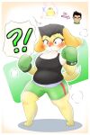  2021 absurd_res alternate_species animal_crossing anthro barefoot big_breasts black_clothing black_hair black_shirt black_tank_top black_topwear blush bodily_fluids bottomwear boxing_gloves breasts canid canine canis clothing crossgender digital_media_(artwork) domestic_dog feet female fusion green_bottomwear green_boxing_gloves green_clothing green_handwear green_shorts hair handwear hi_res human human_to_anthro isabelle_(animal_crossing) little_mac mammal mtf_crossgender nintendo open_mouth shirt shocked short_stack shorts simple_background slightly_chubby solo species_transformation standing sweat sweatdrop tank_top topwear transformation white_background yellow_body yuhokyattya 