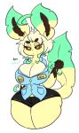  anthro big_breasts blonde_hair breasts brown_eyes canid canine clothed clothing eeveelution eyebrows female fox generation_4_pokemon hair hi_res huge_breasts leaf leafeon lewdchuu_(artist) mammal nintendo pokemon pokemon_(species) solo uniform yellow_body 