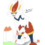  anthro ball_tuft balls blush bodily_fluids buckteeth cinderace cum cum_on_face cumshot dialogue duo ejaculation erection generation_8_pokemon genital_fluids genitals hi_res lagomorph leporid male male/male mammal masturbation nintendo open_mouth penis pokemon pokemon_(species) pubes rabbit scorbunny size_difference sleeping teeth tuft twerpishimp waking_up 