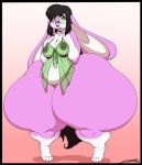  anthro black_hair breasts buckteeth clothing deonwolf ears_back ears_down eyewear female fia_(deonwolf) fur glasses gloves_(marking) green_clothing green_eyes hair hi_res huge_thighs hyper hyper_thighs lagomorph leg_markings leporid long_hair mammal markings mostly_nude negligee nipples open_mouth pink_body pink_fur pivoted_ears rabbit simple_background socks_(marking) solo teeth thick_thighs white_body white_fur 