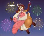  2022 absurd_res anthro areola badgerben balls big_balls big_breasts big_penis biped breasts brown_hair deer dialogue english_text erection fireworks genitals glans gynomorph hair hi_res holding_glass holding_object holidays huge_balls huge_breasts huge_nipples huge_penis humanoid_genitalia humanoid_penis hyper hyper_balls hyper_genitalia hyper_penis intersex looking_at_viewer mammal new_year nipples nude open_mouth penis solo speech_bubble text year 