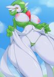 2022 areola big_breasts blue_background breasts camel_toe clothing curvy_figure dress female gardevoir generation_3_pokemon green_hair hair hair_over_eye hi_res hourglass_figure humanoid navel nintendo nipples one_eye_obstructed orange_eyes pink_areola pink_nipples pochincoff pokemon pokemon_(species) simple_background solo thick_thighs thong underwear undressing white_body 
