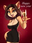  2023 4_fingers activision alcohol alyssa_bandicoot_(oc) anthro artist_name bandicoot beverage big_breasts biped black_hair black_nose breasts brown_hair champagne champagne_glass choker cleavage clothed clothing crash_bandicoot_(series) digital_media_(artwork) dress english_text eyebrows eyelashes fan_character female fingers gradient_background green_eyes hair half-closed_eyes hi_res holding_glass holding_object holidays jewelry lipstick looking_at_viewer magaska19 makeup mammal marsupial narrowed_eyes necklace new_year red_background red_lipstick short_hair simple_background smile solo text 