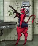  2022 big_butt butt clothed clothing crossdressing demon demon_humanoid dress girly gun hair helluva_boss hi_res holding_gun holding_object holding_weapon humanoid male moxxie_(helluva_boss) no_underwear not_furry ranged_weapon red_hair sligarthetiger solo thick_thighs weapon 