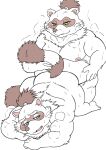  2023 anthro belly big_belly blue_eyes blush bodily_fluids canid canine duo green_eyes hi_res hysk kemono male male/male mammal moobs nipples overweight overweight_male raccoon_dog sengoku_puzzle sex shadow_ieyasu sweat tanuki tokugawa_ieyasu 