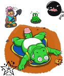  amphibian anthro chain_chomp chubby_male crown digital_drawing_(artwork) digital_media_(artwork) fafnir_stardust_(artist) fan_character frog genitals glans green_body hair hi_res humor k.o. koopa link&#039;s_awakening male mario_bros nintendo nipples penis pink_hair scalie simple_background spiral_eyes unconscious wart_(mario) 