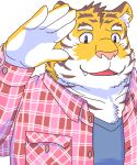  2022 5_fingers anthro biped clothing cute_fangs felid fingers humanoid_hands kemono mammal misterdonn pantherine pink_nose portrait shirt simple_background solo tiger topwear white_body yellow_body 
