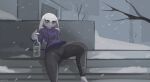  alcohol anthro beverage clothing detailed_background hi_res lagomorph leporid male mammal rabbit russia sergay_(avioylin) sitting snow solo thick_thighs tracksuit vodka winter 