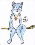 anthro canid canine dinosaur_planet female flat_chested fox fur genitals green_eyes jewelry krystal krystal&#039;s_staff krystal_(dinosaur_planet) looking_away mammal necklace nintendo nipples nude open_mouth pussy reddragonkan simple_background sitting solo star_fox traditional_media_(artwork) 