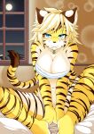  absurd_res anthro blonde_hair blue_eyes blush breasts cyberconnect2 drecom felid female full_bokko_heroes fur hair hi_res kemono looking_at_viewer mammal megane_inu pantherine smile solo striped_body stripes tiger zhang_fei_(full_bokko_heroes) 