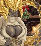  &lt;3 absurd_res anthro areola big_areola big_breasts bracelet breasts capcom cleavage cleavage_cutout clothed clothing curved_horn dragon elder_dragon female grey_body grey_scales hi_res horizontal_pupils horn jewelry kulve_taroth mistletoe_on_tail monster_hunter nipple_outline one_eye_closed presenting presenting_breasts pupils samwich_(artist) scales scalie solo spiked_tail spikes spikes_(anatomy) sweater topwear turtleneck wink yellow_body yellow_horn yellow_scales 