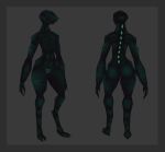  3d_(artwork) android anthro border butt claws creepy dark_green_body digital_media_(artwork) digitigrade dtstat eyeless female flat_chested front_view glowing glowing_markings grey_border low_poly machine markings rear_view rib_cage robot sharp_teeth solo standing story story_in_description teeth thick_thighs wide_hips womb_tattoo 