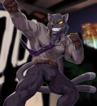  2022 anthro belt black_body black_fur black_nose blurred_background bulge clothed clothing digital_drawing_(artwork) digital_media_(artwork) domestic_cat felid feline felis fighting_pose fully_clothed fur gloves grin handwear hi_res lifewonders male mammal multi_tail muscular muscular_anthro muscular_male necktie nether_senri piercing pitania4 pose shirt smile solo standing tail tokyo_afterschool_summoners topwear whiskers yellow_sclera 