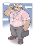  2022 3:4 absurd_res anthro belly big_belly bottomwear bovid bovine briefcase cattle cellphone clothing hi_res humanoid_hands kemono male mammal moobs overweight overweight_male pants peekeroro phone shirt smartphone solo topwear 