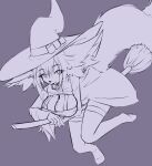  absurd_res anthro big_breasts big_tail breasts broom broom_riding canid canine cleaning_tool clothing female flying fox hat headgear headwear hi_res mammal mazz_(mazzlerazz) mazzlerazz monochrome simple_background smile solo witch_costume witch_hat 
